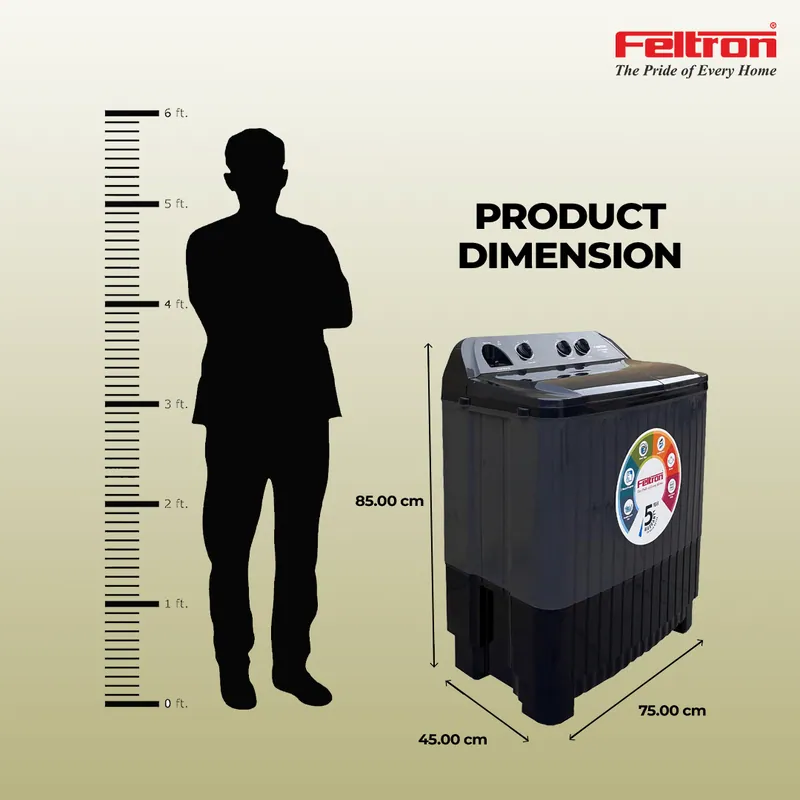 Feltron 7.5 kg Semi Automatic Top Load Washing Machine Grey, Black Transparent Glass Lid (FIPL75TGSWM) — image 7