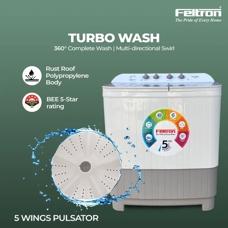 Feltron 8 kg Semi Automatic Top Load Washing Machine White,Grey Glass Lid (FIPL80SWM) — image 2