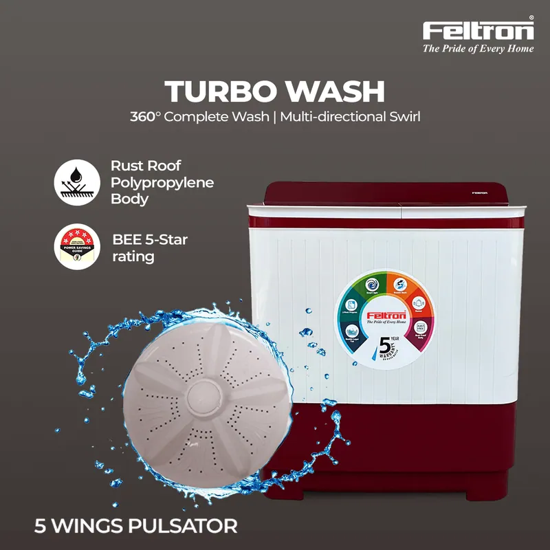 Feltron 12 kg Semi Automatic Top Load Washing Machine White,Red Transparent Full Glass Soft Close Lid (FIPL12FTGSWM) — image 2