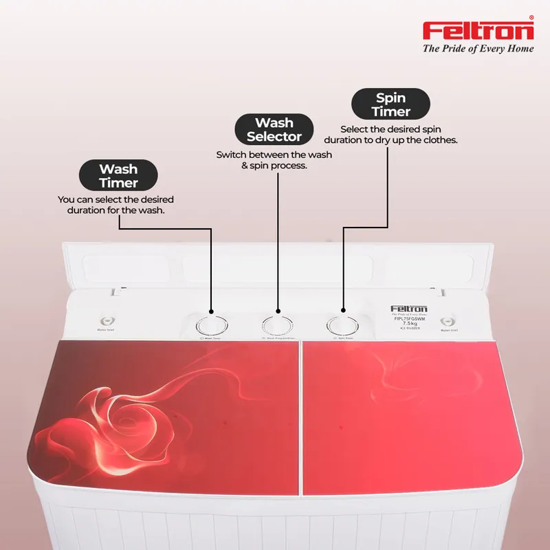 Feltron 7.5 Kg Semi Automatic Top Load Washing Machine White,Red Plastic Lid (FIPL75FGSWM) — image 2