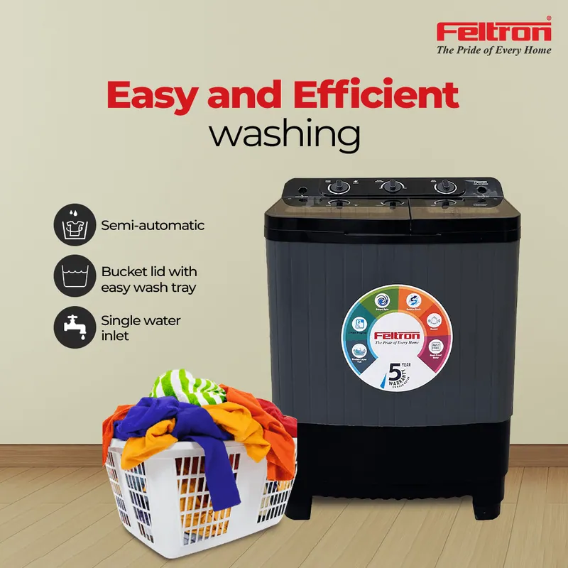 Feltron 7.5 kg Semi Automatic Top Load Washing Machine Grey, Black Transparent Glass Lid (FIPL75TGSWM) — image 1